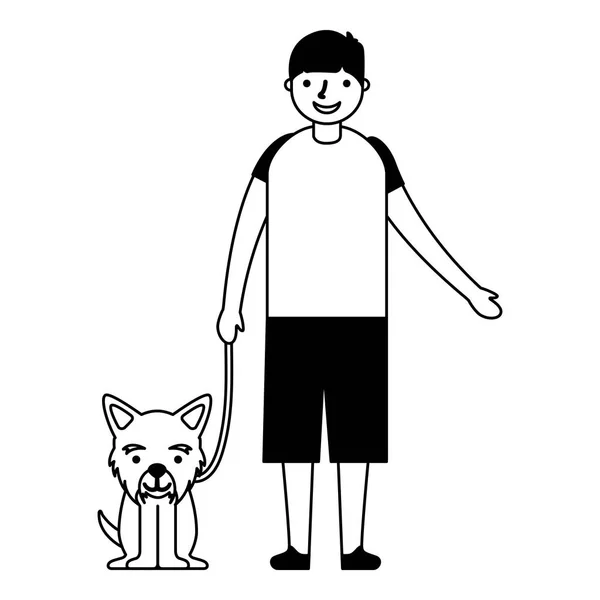 Menino Feliz Com Seu Animal Estimação Cão Vetor Ilustração Monocromático — Vetor de Stock