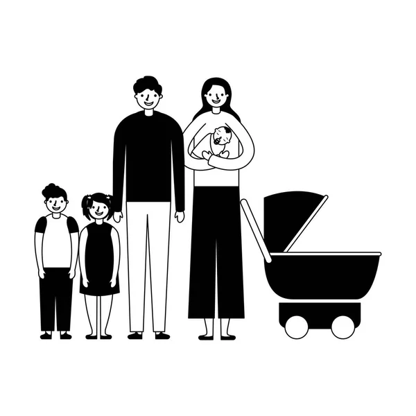 Familia padres niños y bebé cochecito — Vector de stock