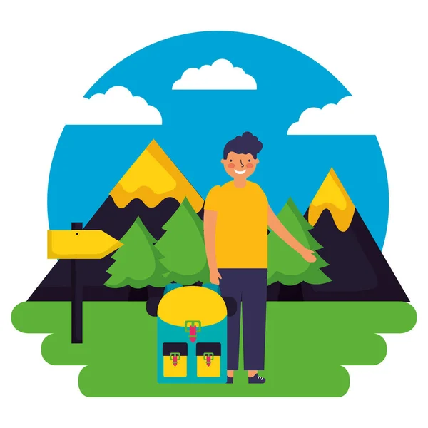 Boy and backpack signal mountains landscape camping — Stock Vector