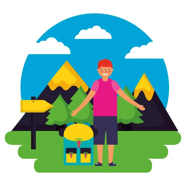 Boy and backpack signal mountains landscape camping — Stock Vector