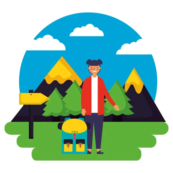 Girl and backpack signal mountains landscape camping — Stock Vector