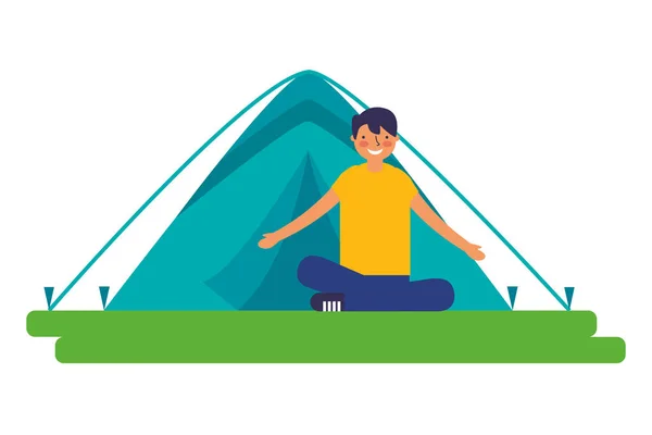 Boy sitting crossed legs with tent camping — Stock Vector