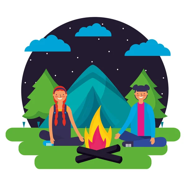 Girls tent forest night landscape camping Royalty Free Stock Vectors