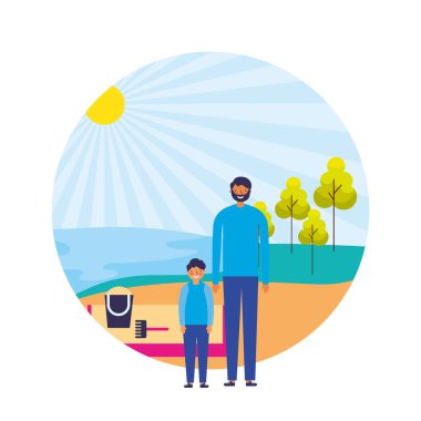 Baba ve oğul sahil kum manzara