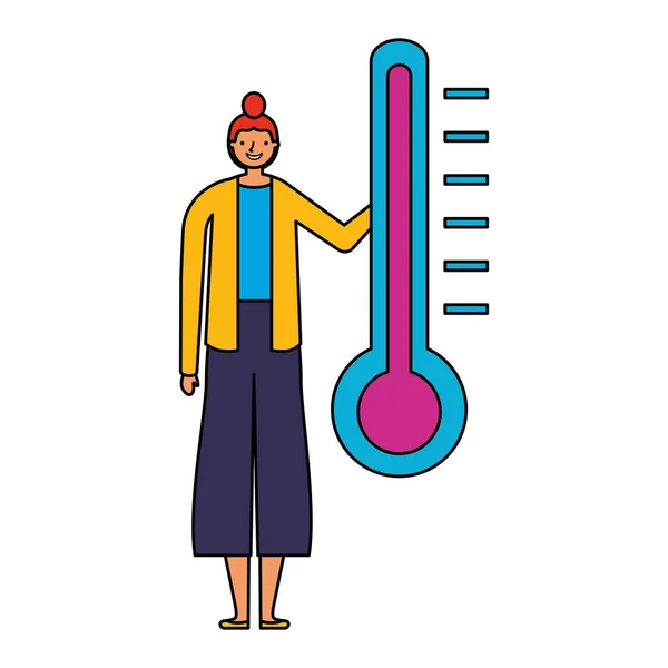 Kvinna Character Med Temperatur Termometern Vektorillustration — Stock vektor