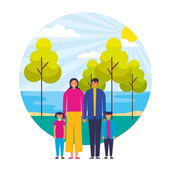 Family together lake sun day landscape — Stock Vector