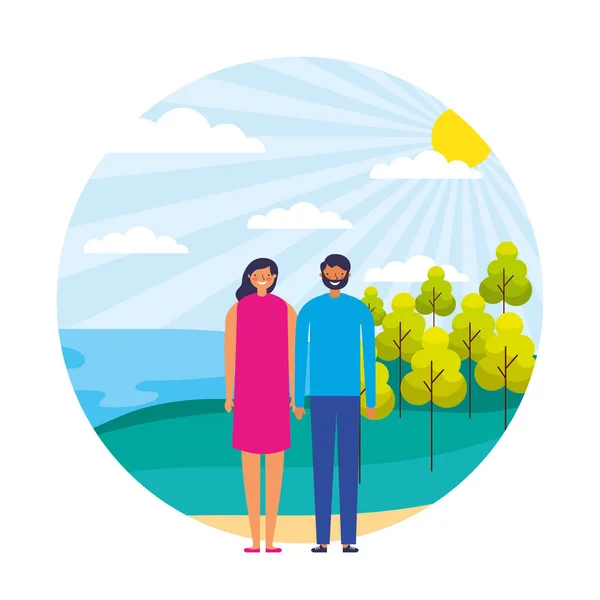 Pareja feliz en el paisaje natural — Vector de stock