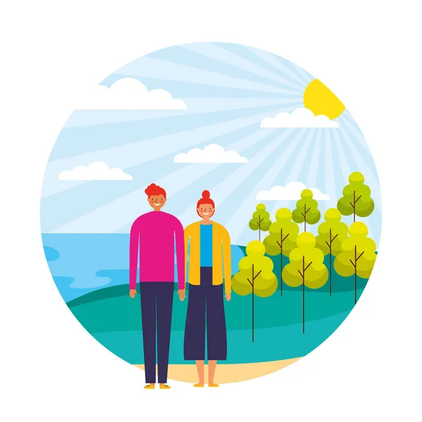 Pareja feliz en el paisaje natural — Vector de stock