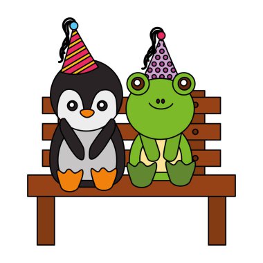 Sevimli penguen ve kurbağa tezgah mutlu Doğum