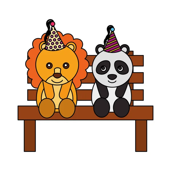 Lion mignon et panda sur banc joyeux anniversaire — Image vectorielle