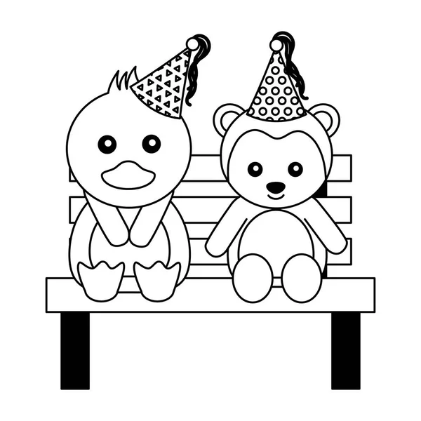 Cute monkey and duck on bench happy birthday — Stock Vector