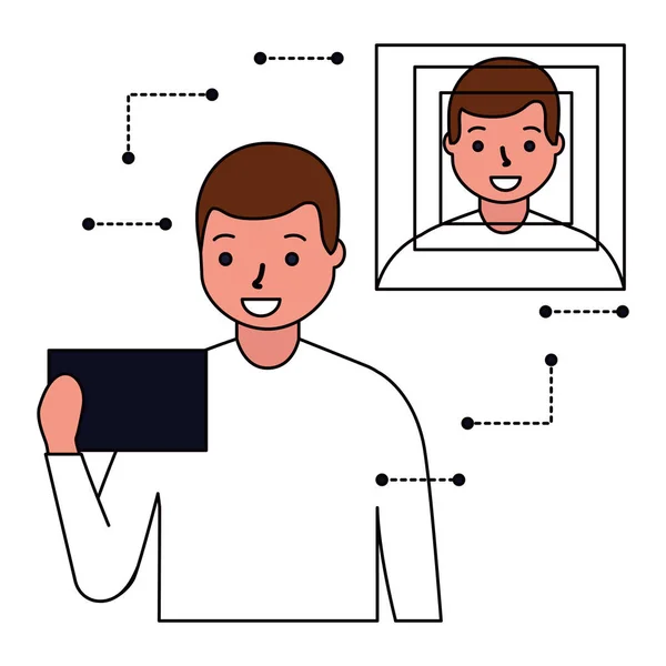 Hombre escaneo facial tecnología digital biométrica — Vector de stock