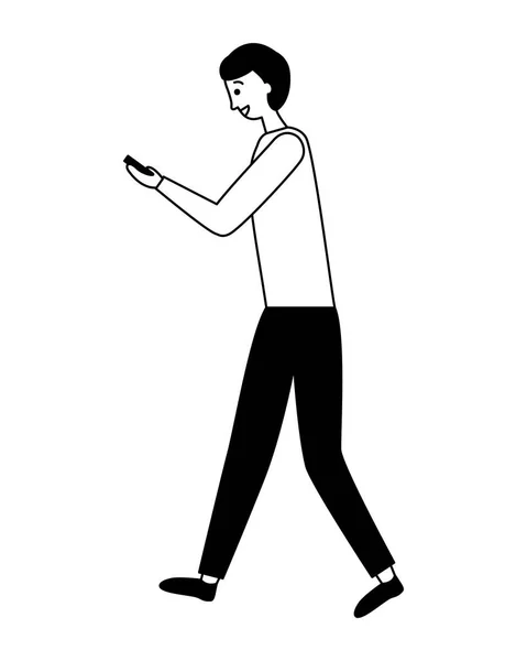 Man använder mobiltelefon enhet vit bakgrund — Stock vektor