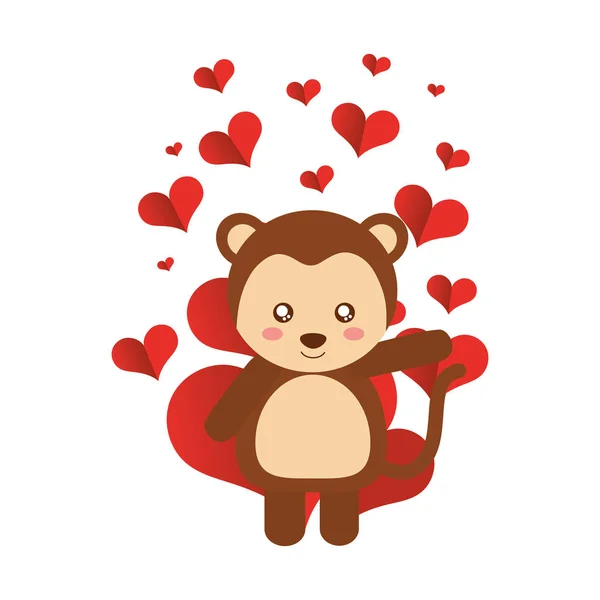 Sevimli maymun Sevgililer günü kalpleri — Stok Vektör