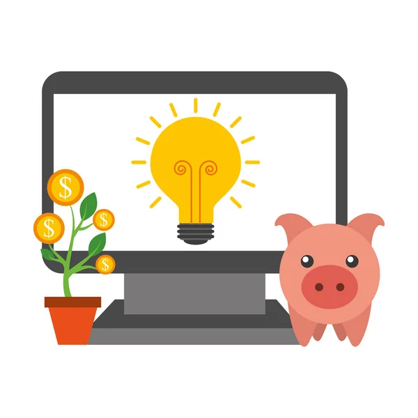 Laptop Piggy Bank lamp idee plant munten geld Business — Stockvector