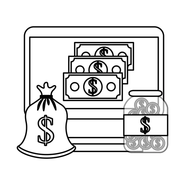 Laptop Money Bag Münzen Geldgeschäft — Stockvektor