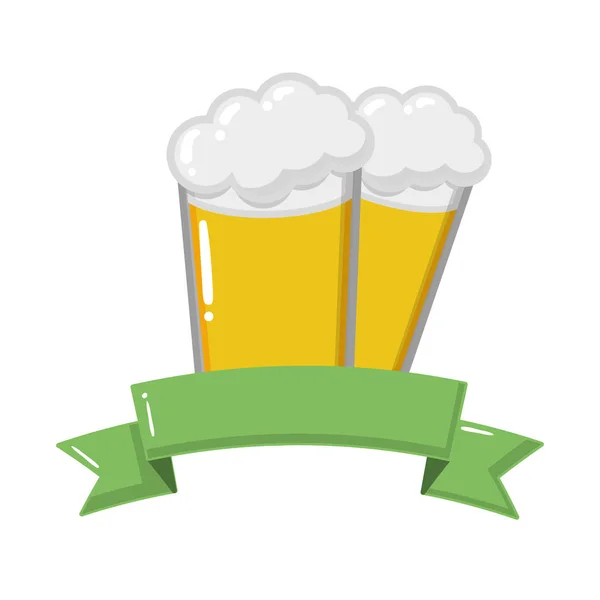 Due Bicchieri Birra Bevande Con Illustrazione Vettoriale Del Nastro — Vettoriale Stock