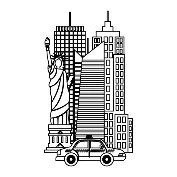 Estatua de la ciudad de la libertad rascacielos — Vector de stock