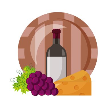 şarap şişesi varil peynir ve taze üzüm