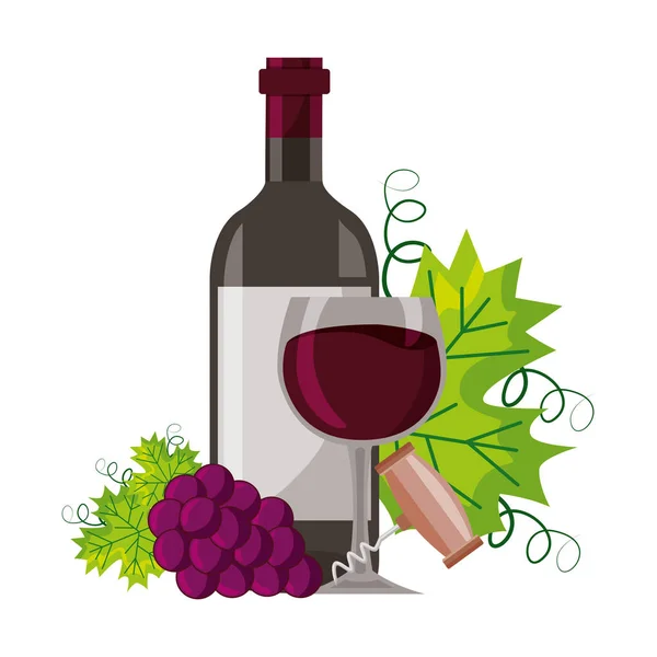 Wine bottle cup corkscrew bunch fresh grapes — Stockvector