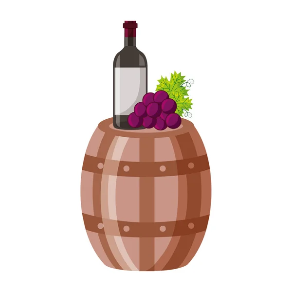 Wine bottle wooden barrel grapes — Stock Vector