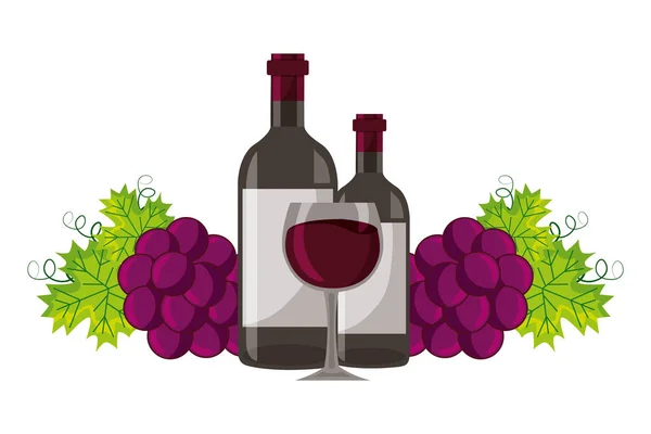 Garrafas de vinho copo de vidro e uvas — Vetor de Stock