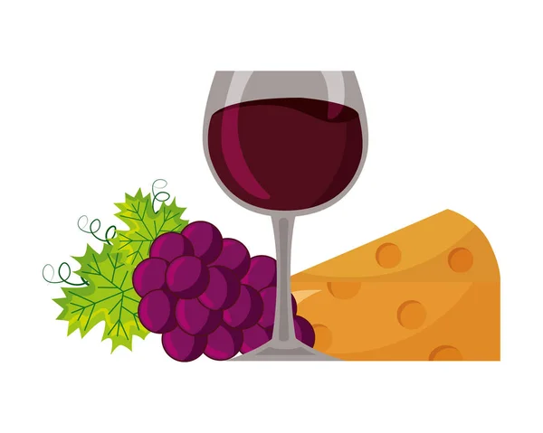 Copa de vino racimo de queso uvas — Vector de stock