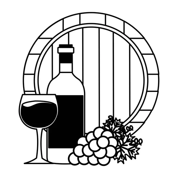 Vino botella taza barril y uvas — Vector de stock