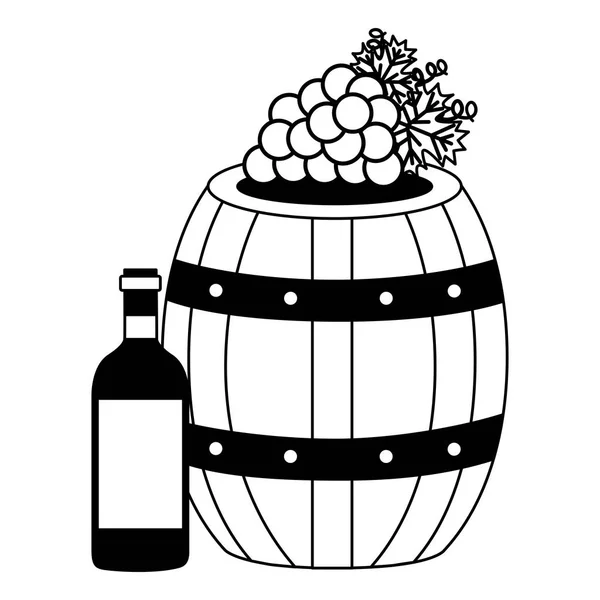 Wine bottle wooden barrel grapes — Stock Vector