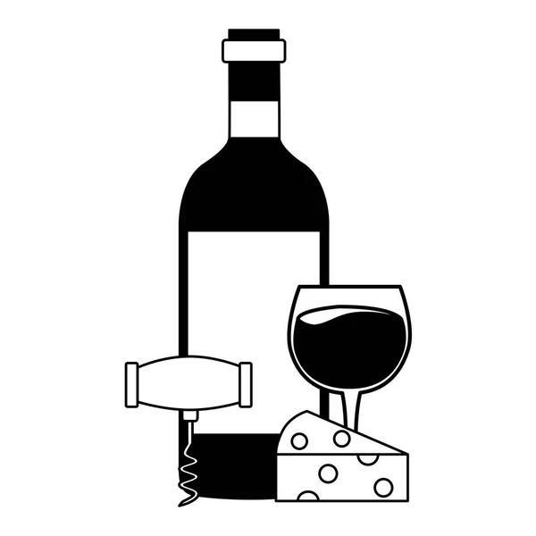 Wine bottle corkscrew cup cheese — Stock Vector