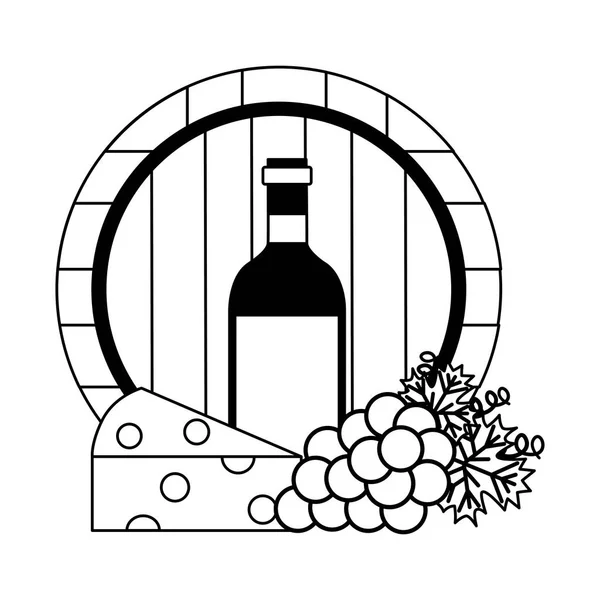 Queijo barril garrafa de vinho e uvas frescas —  Vetores de Stock