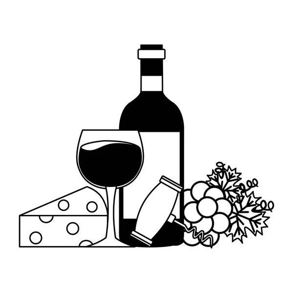 Vino bottiglia tazza cavatappi uva formaggio — Vettoriale Stock