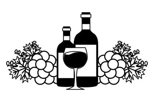 Garrafas de vinho copo de vidro e uvas — Vetor de Stock