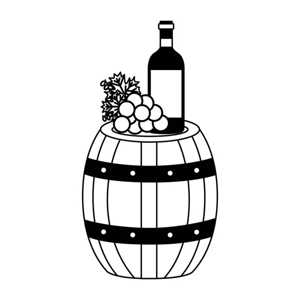 Wine bottle wooden barrel grapes — Stock vektor