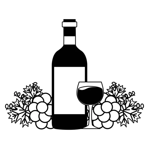 Bouteille de vin tasse bouquet raisins frais — Image vectorielle