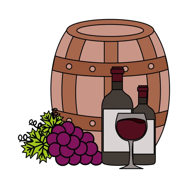 Bottiglie di vino botte e uva fresca — Vettoriale Stock