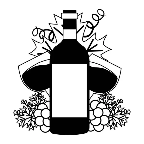 Copos de garrafa de vinho e uvas cacho —  Vetores de Stock