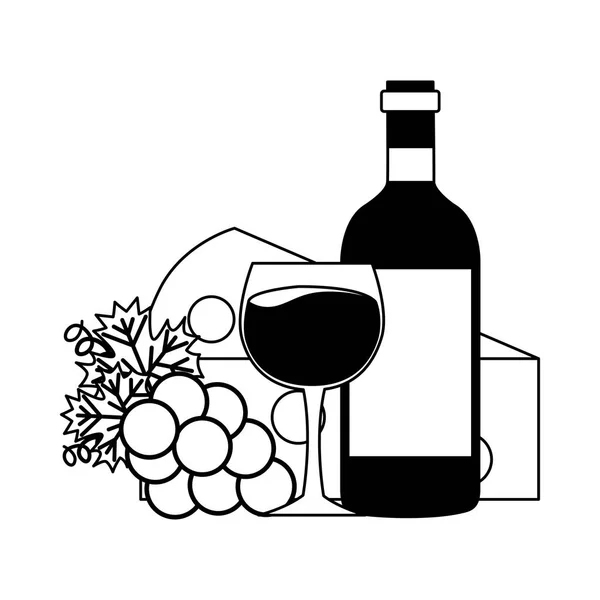 Bouteille de vin tasse raisins frais et fromage — Image vectorielle