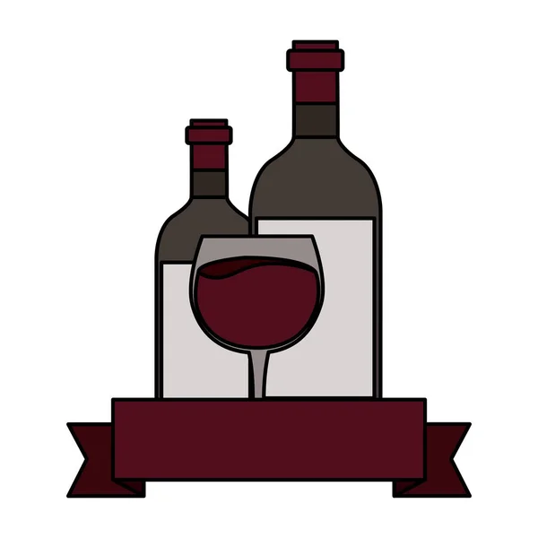 Wine bottles glass cup ribbon — Wektor stockowy