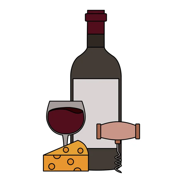 Botella de vino sacacorchos taza de queso — Vector de stock