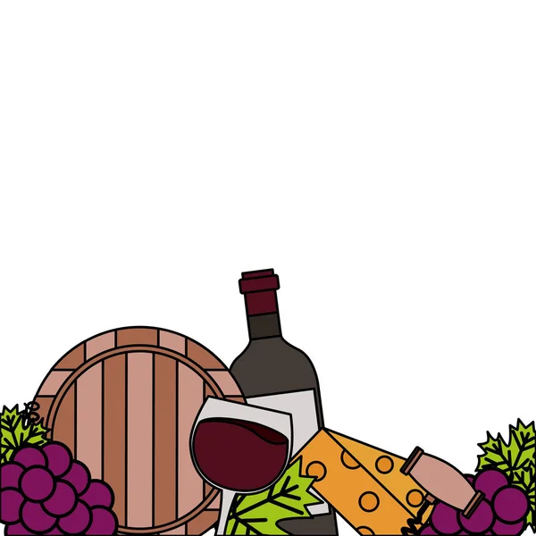 Vino botella taza barril queso crokscrew uvas — Archivo Imágenes Vectoriales
