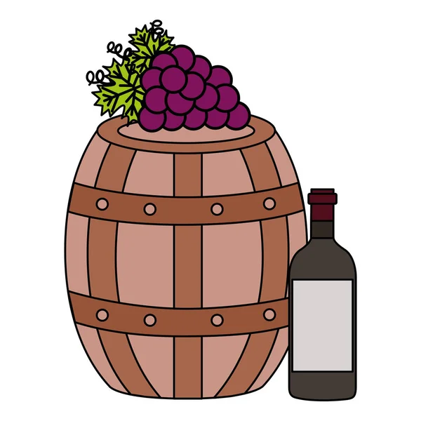 Botella de vino barril de madera uvas — Vector de stock