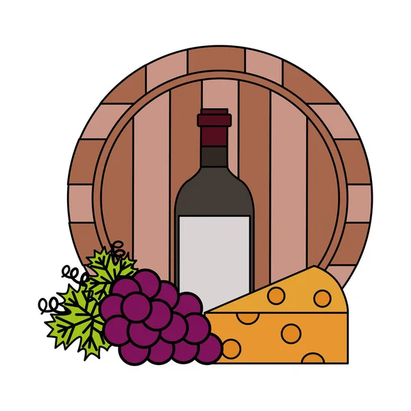 Vinho Garrafa Barril Queijo Uvas Frescas Vetor Ilustração — Vetor de Stock