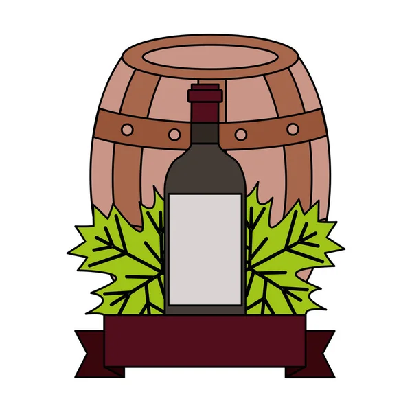 Wine bottle wooden barrel leaves ribbon — 스톡 벡터