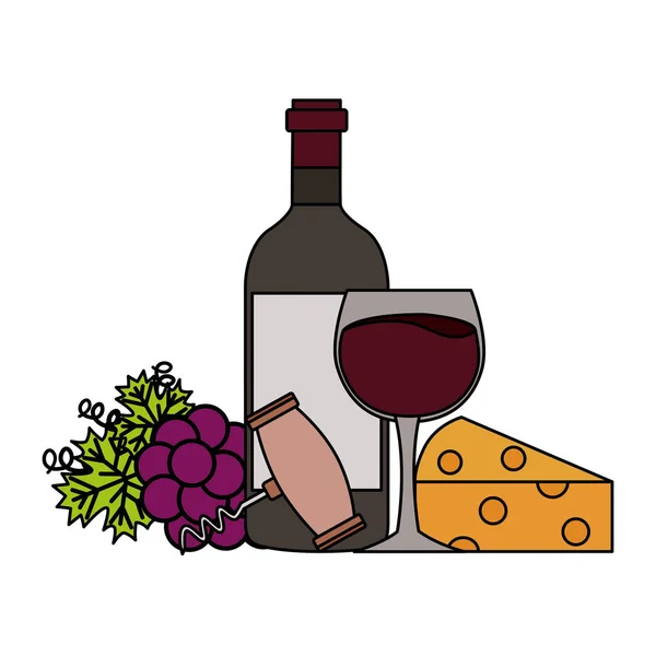 Vinho garrafa copo saca-rolhas uvas de queijo — Vetor de Stock