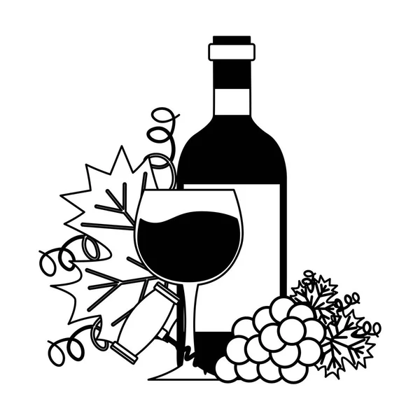 Wine bottle cup corkscrew bunch fresh grapes — Stock Vector
