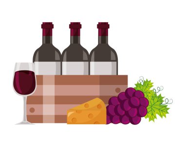 sepet üzüm peynir ve cam bardak şarap şişesinde