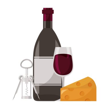 şarap şişesi bardak peynir ve tirbuşon