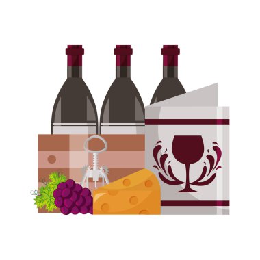 şarap şişeleri ahşap sepet menü peynir üzüm tirbuşon