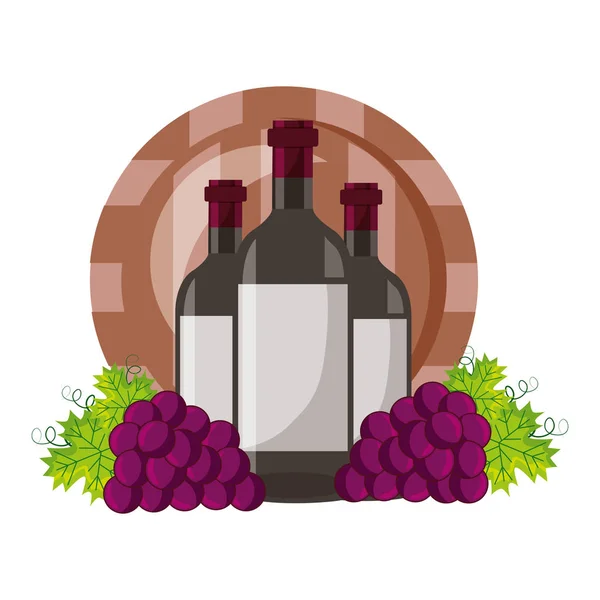Garrafas de vinho e uvas de barril — Vetor de Stock